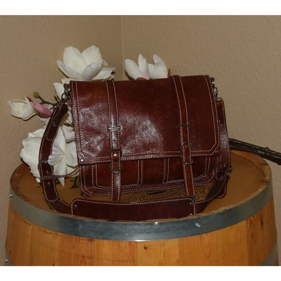 FRANCESCO BIASIA Brown Leather Saddle Bucket Satchel Shoulder Bag Purse Handbag - Picture 1 of 12